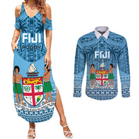 Custom Fiji Rugby Couples Matching Summer Maxi Dress and Long Sleeve Button Shirts Fijian Go 2023 World Cup LT01 Blue - Polynesian Pride