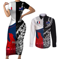 Custom New Zealand And France Rugby Couples Matching Short Sleeve Bodycon Dress and Long Sleeve Button Shirts XV de France Kiwi Silver Fern 2023 World Cup LT01 Black - Polynesian Pride