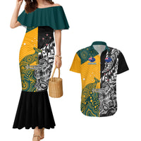 Custom New Zealand And Australia Rugby Couples Matching Mermaid Dress and Hawaiian Shirt Wallabies Kiwi Silver Fern 2023 World Cup LT01 Black - Polynesian Pride