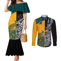 Custom New Zealand And Australia Rugby Couples Matching Mermaid Dress and Long Sleeve Button Shirts Wallabies Kiwi Silver Fern 2023 World Cup LT01 Black - Polynesian Pride