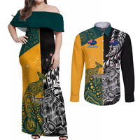 Custom New Zealand And Australia Rugby Couples Matching Off Shoulder Maxi Dress and Long Sleeve Button Shirts Wallabies Kiwi Silver Fern 2023 World Cup LT01 Black - Polynesian Pride