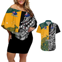 Custom New Zealand And Australia Rugby Couples Matching Off Shoulder Short Dress and Hawaiian Shirt Wallabies Kiwi Silver Fern 2023 World Cup LT01 Black - Polynesian Pride