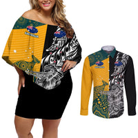 Custom New Zealand And Australia Rugby Couples Matching Off Shoulder Short Dress and Long Sleeve Button Shirts Wallabies Kiwi Silver Fern 2023 World Cup LT01 Black - Polynesian Pride