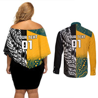 Custom New Zealand And Australia Rugby Couples Matching Off Shoulder Short Dress and Long Sleeve Button Shirts Wallabies Kiwi Silver Fern 2023 World Cup LT01 - Polynesian Pride