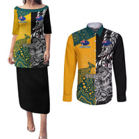 Custom New Zealand And Australia Rugby Couples Matching Puletasi Dress and Long Sleeve Button Shirts Wallabies Kiwi Silver Fern 2023 World Cup LT01 Black - Polynesian Pride