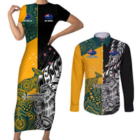 Custom New Zealand And Australia Rugby Couples Matching Short Sleeve Bodycon Dress and Long Sleeve Button Shirts Wallabies Kiwi Silver Fern 2023 World Cup LT01 Black - Polynesian Pride