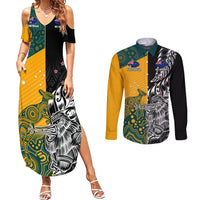 Custom New Zealand And Australia Rugby Couples Matching Summer Maxi Dress and Long Sleeve Button Shirts Wallabies Kiwi Silver Fern 2023 World Cup LT01 Black - Polynesian Pride