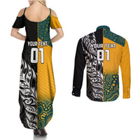 Custom New Zealand And Australia Rugby Couples Matching Summer Maxi Dress and Long Sleeve Button Shirts Wallabies Kiwi Silver Fern 2023 World Cup LT01 - Polynesian Pride