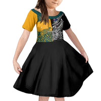 Custom New Zealand And Australia Rugby Kid Short Sleeve Dress Wallabies Kiwi Silver Fern 2023 World Cup LT01 KID Black - Polynesian Pride