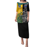 Custom New Zealand And Australia Rugby Puletasi Wallabies Kiwi Silver Fern 2023 World Cup LT01 Long Dress Black - Polynesian Pride