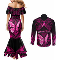 Personalised Pink Out Couples Matching Mermaid Dress and Long Sleeve Button Shirts Breast Cancer Awareness Polynesian Pattern Black Version LT01 - Polynesian Pride