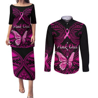 Personalised Pink Out Couples Matching Puletasi Dress and Long Sleeve Button Shirts Breast Cancer Awareness Polynesian Pattern Black Version LT01 Black - Polynesian Pride