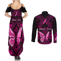 Personalised Pink Out Couples Matching Summer Maxi Dress and Long Sleeve Button Shirts Breast Cancer Awareness Polynesian Pattern Black Version LT01 - Polynesian Pride
