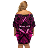 Personalised Pink Out Off Shoulder Short Dress Breast Cancer Awareness Polynesian Pattern Black Version LT01 - Polynesian Pride