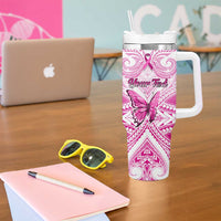 Personalised Pink Out Tumbler With Handle Breast Cancer Awareness Polynesian Pattern White Version