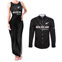 Custom Football New Zealand Couples Matching Tank Maxi Dress and Long Sleeve Button Shirt Aotearoa United Black Version LT01 Black - Polynesian Pride