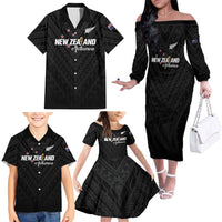 Custom Football New Zealand Family Matching Off The Shoulder Long Sleeve Dress and Hawaiian Shirt Aotearoa United Black Version LT01 - Polynesian Pride