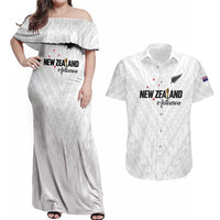 Custom Football New Zealand Couples Matching Off Shoulder Maxi Dress and Hawaiian Shirt Aotearoa United White Version LT01 White - Polynesian Pride
