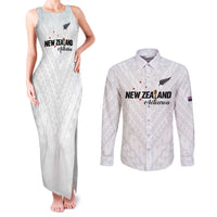 Custom Football New Zealand Couples Matching Tank Maxi Dress and Long Sleeve Button Shirt Aotearoa United White Version LT01 White - Polynesian Pride
