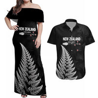 Personalised New Zealand 2025 Archery Couples Matching Off Shoulder Maxi Dress and Hawaiian Shirt Aotearoa Silver Arrows Black LT01 Black - Polynesian Pride