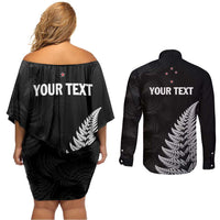 Personalised New Zealand 2025 Archery Couples Matching Off Shoulder Short Dress and Long Sleeve Button Shirt Aotearoa Silver Arrows Black
