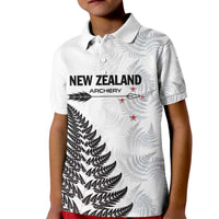 Personalised New Zealand 2025 Archery Kid Polo Shirt Aotearoa Silver Arrows White