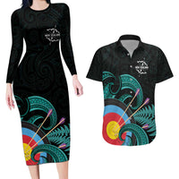 Personalised New Zealand Archery Couples Matching Long Sleeve Bodycon Dress and Hawaiian Shirt Turquoise Maori Silver Fern LT01 Turquoise - Polynesian Pride