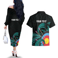Personalised New Zealand Archery Couples Matching Off The Shoulder Long Sleeve Dress and Hawaiian Shirt Turquoise Maori Silver Fern LT01 - Polynesian Pride
