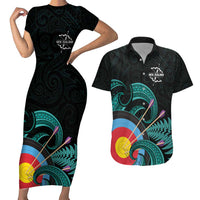 Personalised New Zealand Archery Couples Matching Short Sleeve Bodycon Dress and Hawaiian Shirt Turquoise Maori Silver Fern LT01 Turquoise - Polynesian Pride