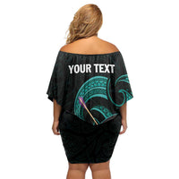 Personalised New Zealand Archery Family Matching Off Shoulder Short Dress and Hawaiian Shirt Turquoise Maori Silver Fern LT01 - Polynesian Pride