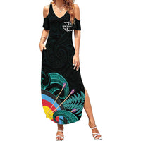 Personalised New Zealand Archery Family Matching Summer Maxi Dress and Hawaiian Shirt Turquoise Maori Silver Fern LT01 Mom's Dress Turquoise - Polynesian Pride