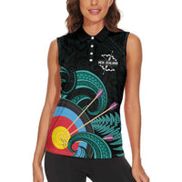 Personalised New Zealand Archery Women Sleeveless Polo Shirt Turquoise Maori Silver Fern
