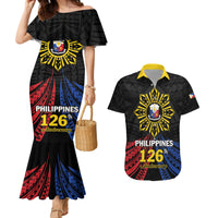 Personalized Philippines Independence Day Couples Matching Mermaid Dress and Hawaiian Shirt Filipino 126th Anniversary Sun Tattoo LT01 Black - Polynesian Pride