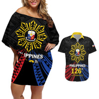 Personalized Philippines Independence Day Couples Matching Off Shoulder Short Dress and Hawaiian Shirt Filipino 126th Anniversary Sun Tattoo LT01 Black - Polynesian Pride