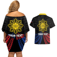 Personalized Philippines Independence Day Couples Matching Off Shoulder Short Dress and Hawaiian Shirt Filipino 126th Anniversary Sun Tattoo LT01 - Polynesian Pride