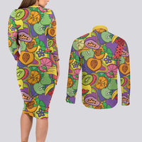 Hawaii Fruits Hippie Style Couples Matching Long Sleeve Bodycon Dress and Long Sleeve Button Shirt Vibrant Colorful