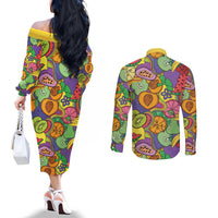 Hawaii Fruits Hippie Style Couples Matching Off The Shoulder Long Sleeve Dress and Long Sleeve Button Shirt Vibrant Colorful LT01 - Polynesian Pride