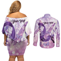 Personalized Polynesian Lupus Awareness Couples Matching Off Shoulder Short Dress and Long Sleeve Button Shirt Butterfly Hologram Lupus Warrior