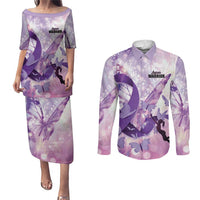 Personalized Polynesian Lupus Awareness Couples Matching Puletasi and Long Sleeve Button Shirt Butterfly Hologram Lupus Warrior