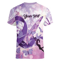 Personalized Polynesian Lupus Awareness Women V-Neck T-Shirt Butterfly Hologram Lupus Warrior