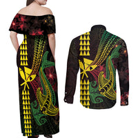 Hawaii Kakau Hammerhead Shark Couples Matching Off Shoulder Maxi Dress and Long Sleeve Button Shirt Neon Plumeria Pattern