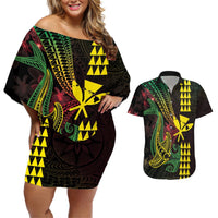 Hawaii Kakau Hammerhead Shark Couples Matching Off Shoulder Short Dress and Hawaiian Shirt Neon Plumeria Pattern LT01 Black - Polynesian Pride