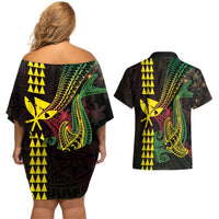Hawaii Kakau Hammerhead Shark Couples Matching Off Shoulder Short Dress and Hawaiian Shirt Neon Plumeria Pattern LT01 - Polynesian Pride