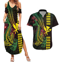 Hawaii Kakau Hammerhead Shark Couples Matching Summer Maxi Dress and Hawaiian Shirt Neon Plumeria Pattern LT01 Black - Polynesian Pride