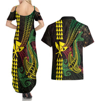 Hawaii Kakau Hammerhead Shark Couples Matching Summer Maxi Dress and Hawaiian Shirt Neon Plumeria Pattern LT01 - Polynesian Pride