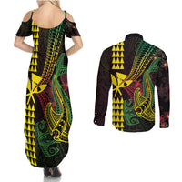 Hawaii Kakau Hammerhead Shark Couples Matching Summer Maxi Dress and Long Sleeve Button Shirt Neon Plumeria Pattern
