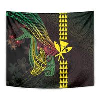 Hawaii Kakau Hammerhead Shark Tapestry Neon Plumeria Pattern