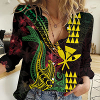 Hawaii Kakau Hammerhead Shark Women Casual Shirt Neon Plumeria Pattern