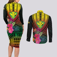 Hawaii Kanaka Maoli Flag Day Couples Matching Long Sleeve Bodycon Dress and Long Sleeve Button Shirt Tropical Flowers