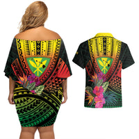 Hawaii Kanaka Maoli Flag Day Couples Matching Off Shoulder Short Dress and Hawaiian Shirt Tropical Flowers